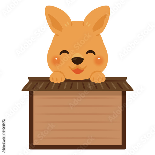 木製看板に乗った笑顔のカンガルーのキャラクターイラスト