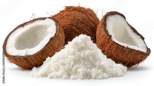 Coconut Milk Powder. Fresh Coconut Shredded Flakes Isolated on White Background