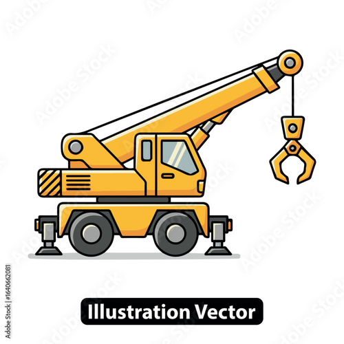 Mobile crane truck with claw illustration, heavy machinery construction concept vector.