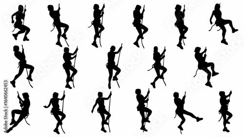 Silhouette pattern of people climbing with ropes and safety gear in various poses on white background