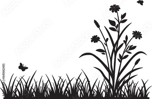 minimalist silhouettes of grass tufts and bushes on a white background