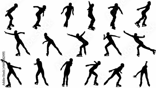 Silhouette collection showcasing various ice skating poses and movements on a white isolated background