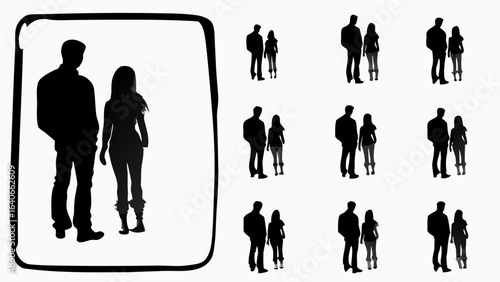Silhouette of a man and woman standing together inside a frame with multiple smaller silhouettes 99 char