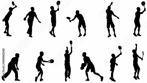 Wallpaper Mural Silhouette depictions of tennis players in various poses and actions on a white background scene design Torontodigital.ca