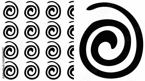 Pattern of black spirals arranged in a grid with a larger spiral on the right side of the image plane