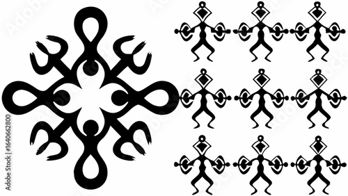 Stylized tribal figures and geometric pattern featuring primitive art elements in black and white design