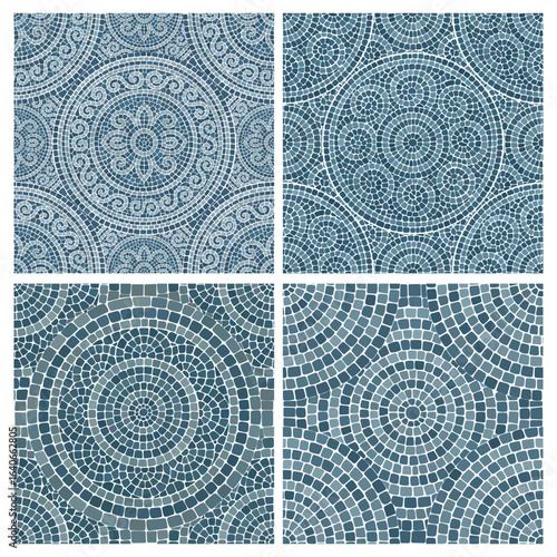 Seamless pattern blue Circular Mosaic. Decorative Antique Stone Ornament.