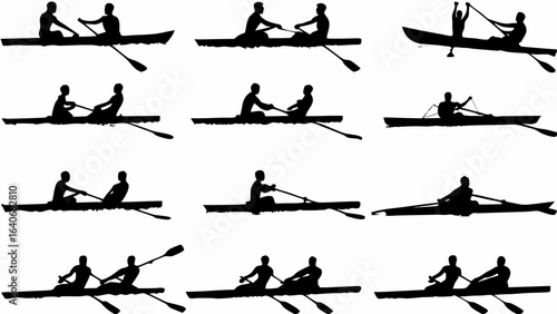 Silhouetted rowing teams in various boats showcasing teamwork and competitive water sport activities seen here