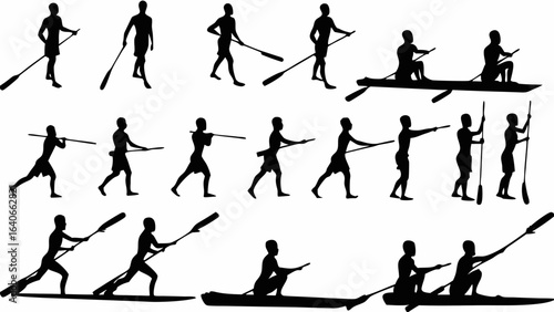 Silhouettes of people paddling canoes and standing with paddles in various poses and positions shown