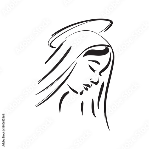 Virgin Mary minimalist line art icon. Blessed Mother profile sketch. Christian and Catholic symbol of faith and purity. Vector illustration.
