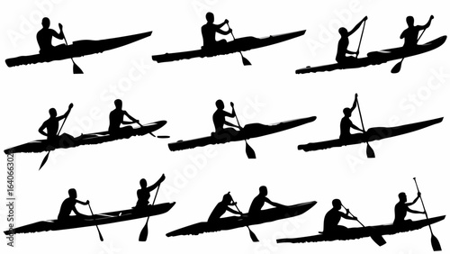 Silhouette illustrations of people kayaking and canoeing in various positions on the water surface