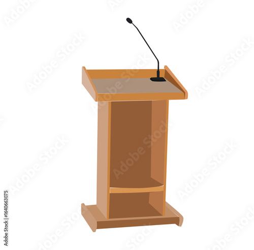 vektor Wooden podium tribune stand rostrum with microphones. 