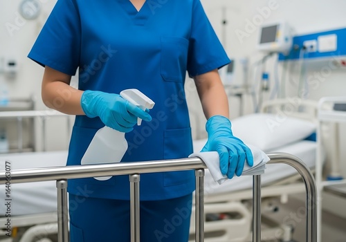 Healthcare professional in blue scrubs sanitizing a hospital bed rail with disinfectant spray and cloth