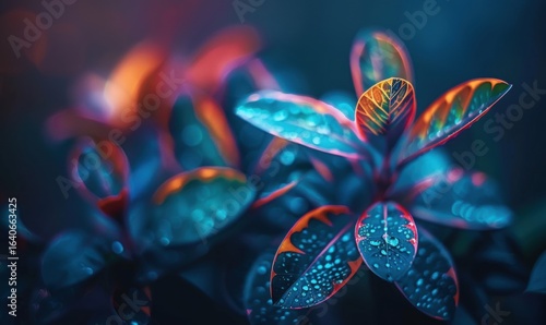 Vibrant tropical plant foliage with rich blue green and orange colors