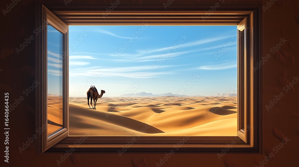 Obraz premium Camel in the desert through window