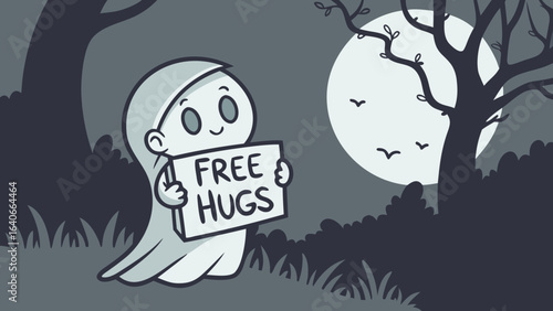 A friendly cartoon ghost holding a sign that says free hugs standing in a spooky forest under a large full moon with silhouetted trees and birds flying