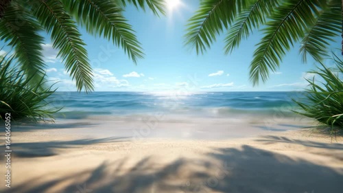 Wallpaper Mural Beach framed by palms, ocean horizon, bright sun Torontodigital.ca