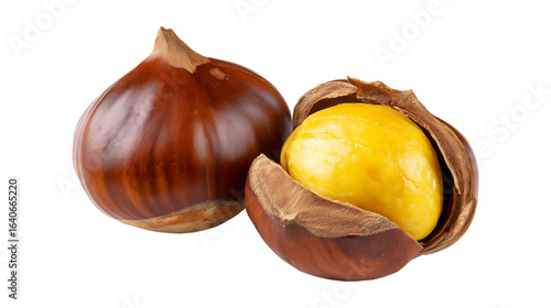 A pair of fresh chestnuts from the fall harvest season isolated on a transparent background
