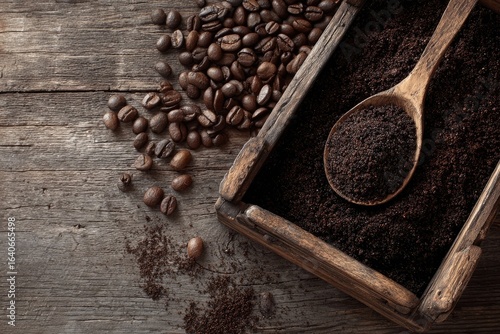 Coffee beans and ground coffee in wooden box
