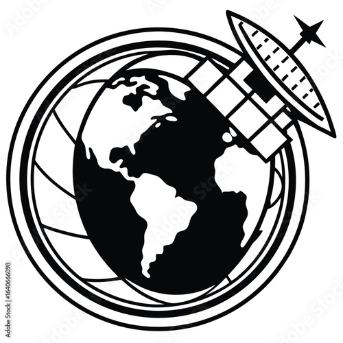 Global communication and satellite technology orbiting the earth in a stylized lens