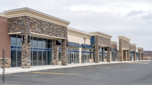 New Retail Strip Mall Facade with Stone Accents and Empty Parking Lot on Overcast Day