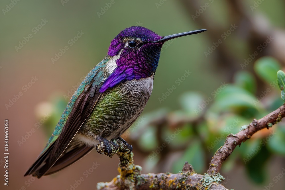 Naklejka premium Hummingbird: Colorful Male Costas Hummingbird Perched on a Beautiful Purple Branch