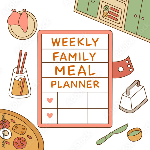 Cute weekly family meal planner with food and kitchen items for organized meal preparation and healthy eating habits