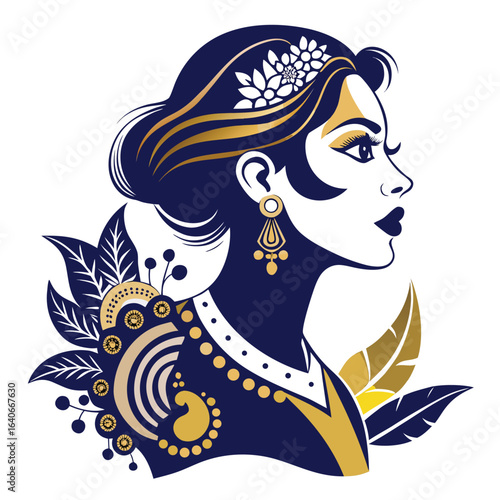 Elegant Floral Portrait Illustration of a Woman in Navy and Gold Theme