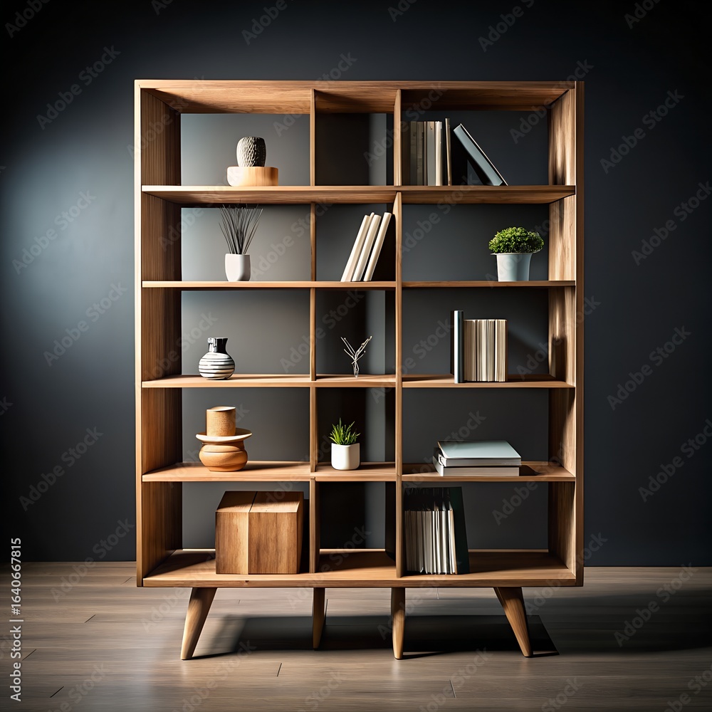 Fototapeta premium a natural wood bookshelf with mid century mod.jpg