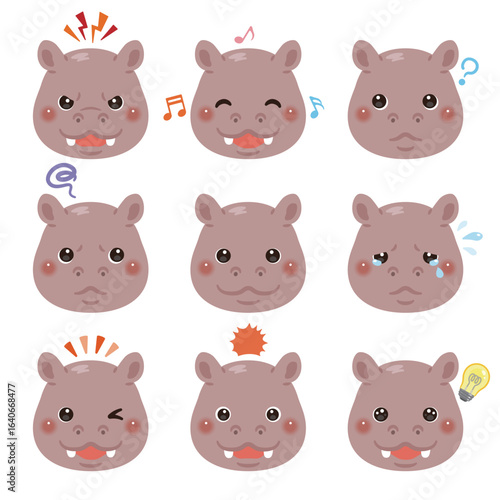 カバのイラストセット　顔表情のみ