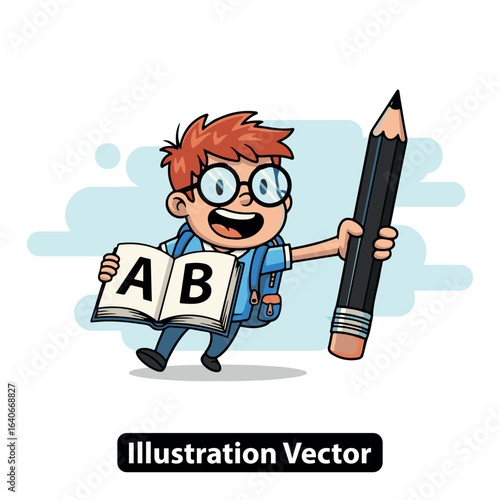 Cheerful student boy holding a giant pencil and an ABC book for elementary education