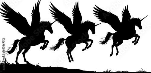 three winged unicorns, black silhouette, running, majestic, single horn, detailed wings, dynamic poses, on white background