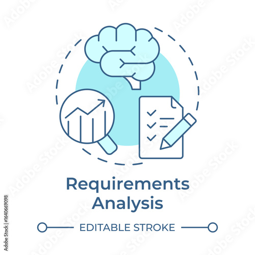 Requirements analysis soft blue concept icon. Task list, brainstorm. Statistical graph, metric. Round shape line illustration. Abstract idea. Graphic design. Easy to use in infographic, presentation