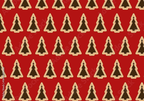 Patrón navideño de galleta en forma de árbol de navidad en fondo rojo