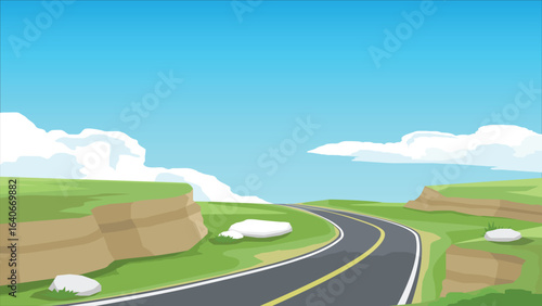 Winding asphalt road surrounded by cliffs and hills, the path is filled with green fields, leading to a clear blue sky with fluffy white clouds.