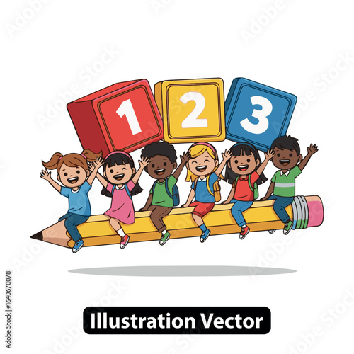 Happy diverse children sitting on a giant pencil with number blocks. Back to school concept.