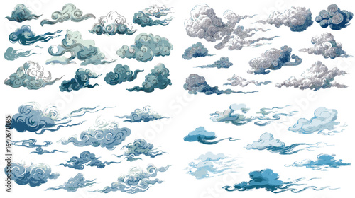 Collection of traditional Asian cloud illustrations in artistic watercolor style, ideal for oriental patterns, mythology, and decorative cultural design projects.