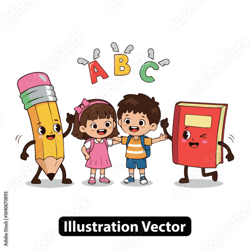Happy cartoon children with a pencil and book mascot learning the alphabet together.