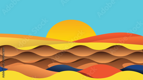 desert landscape with rolling sand dunes and a bright sun in a clear blue sky scene