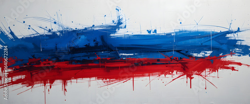 Dynamic abstract art displaying bold blue and red splashes gallery exhibition modern art vibrant atmosphere eye-level view