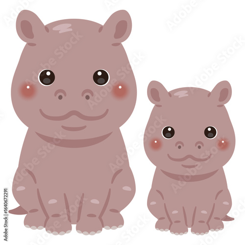 お座りしたカバの親子イラスト