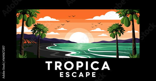 A vibrant vector illustration of a tropical beach paradise at sunset, with lush palm trees, calm ocean waves, and birds in the sky.