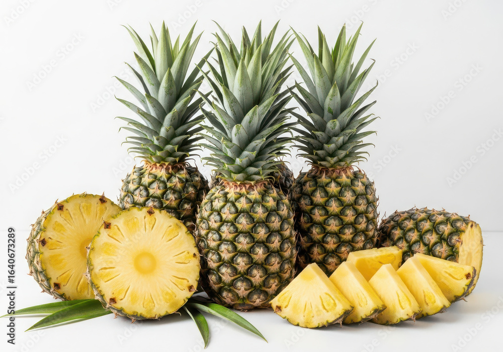 Fototapeta premium Fresh ripe pineapples whole sliced and cubed on white background