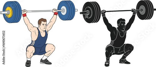 Illustration of weightlifter squatting with barbell overhead in two styles