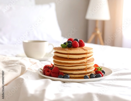 A stack of pancakes, topped with berries and syrup, sits on a bed next to a cup of coffee
