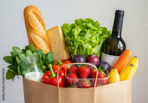 Fototapeta Naklejka Na Ścianę i Meble -  Paper grocery bag filled with fresh fruits vegetables bread cheese and wine