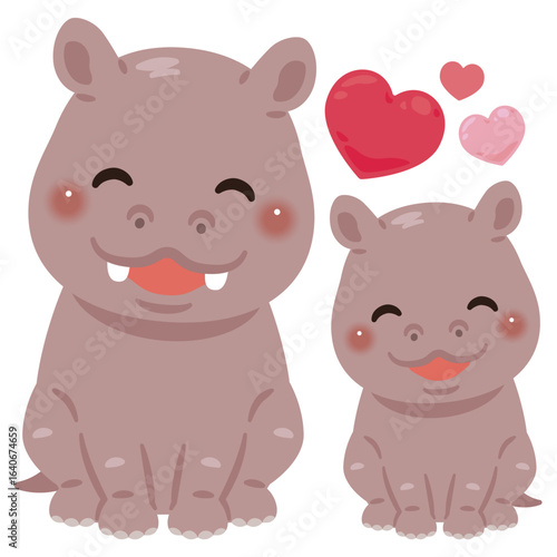 お座りした笑顔のカバの親子イラスト