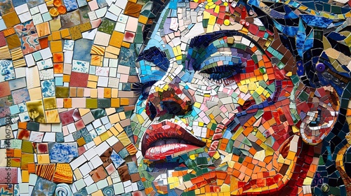 A vibrant mosaic depicts a woman basking in golden sunlight with closed eyes and serene expression.