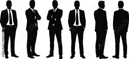 Business professionals, corporate attire, standing poses, silhouette team, office fashion, vector illustration, formal wear, business 