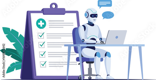 Flat design illustration. Ai robot working on computer. Next to the robot is this to lists with all checkers marked. Communication with the client and